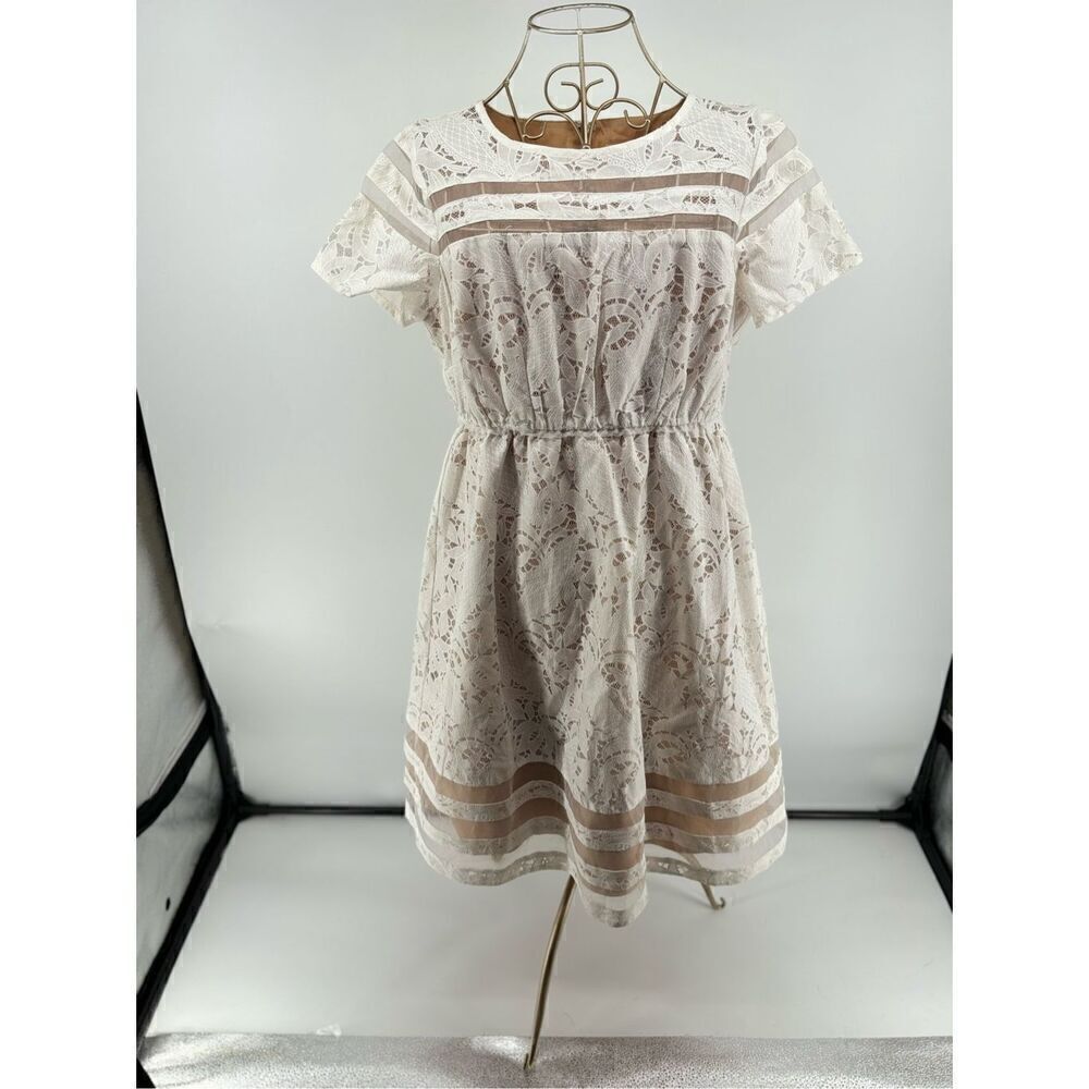 Motherhood Maternity Lace Dress Small White Pleated Short Sleeve Fit Flare